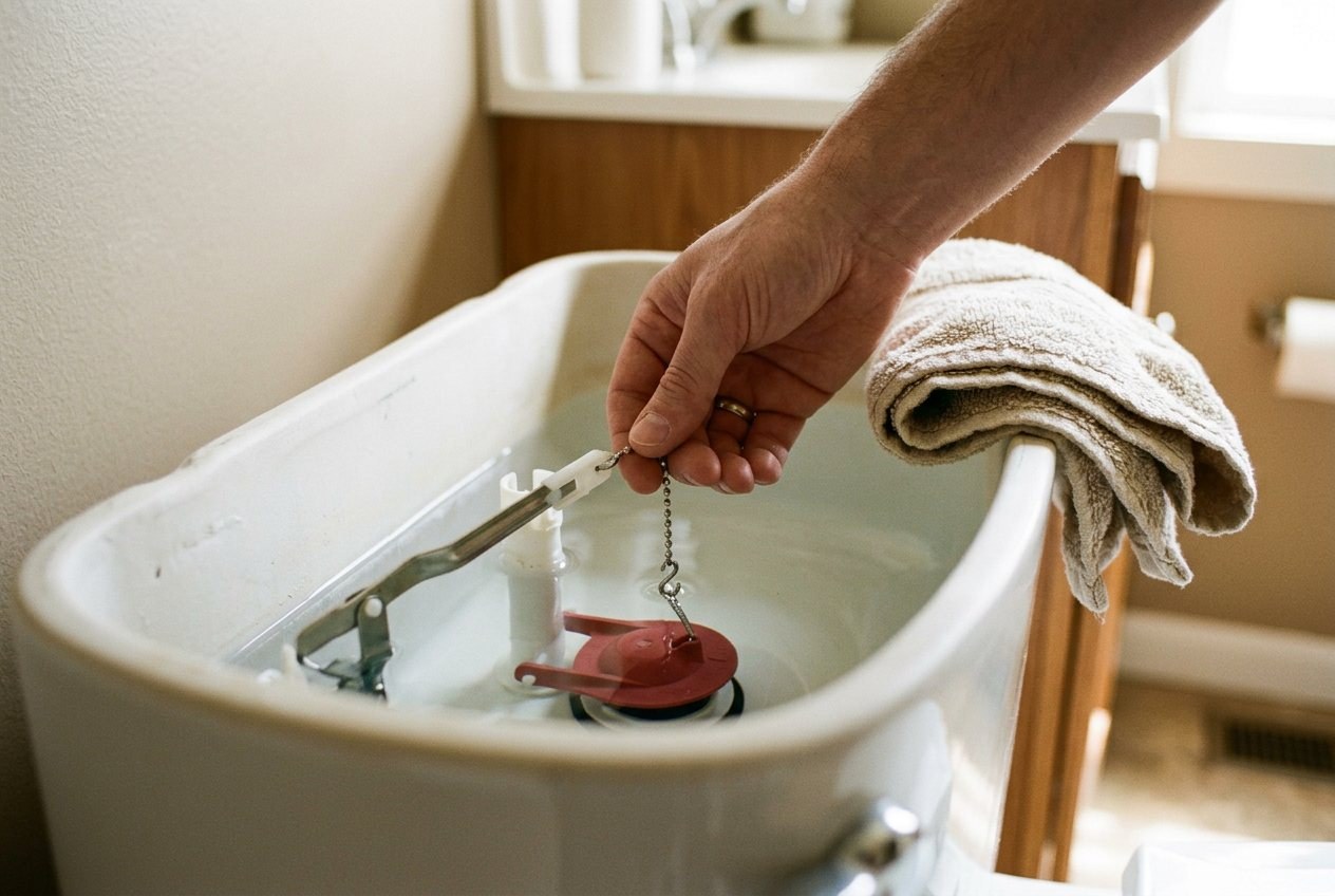 A hand adjusting the chain that connects the flush lever to the flapper inside an open toilet tank