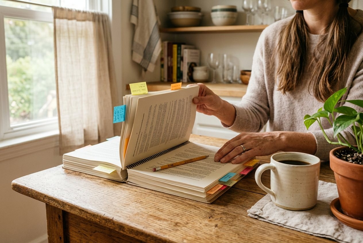 Hands flipping through a thick printed set of HOA governing documents with sticky notes on a wooden table