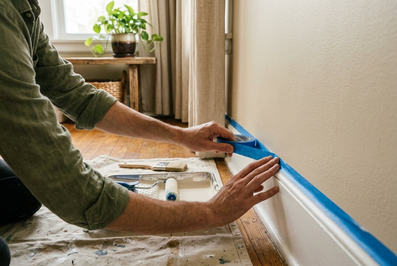 Hands pressing painter's tape along a wall edge above white trim, with a roller and tray on a drop cloth