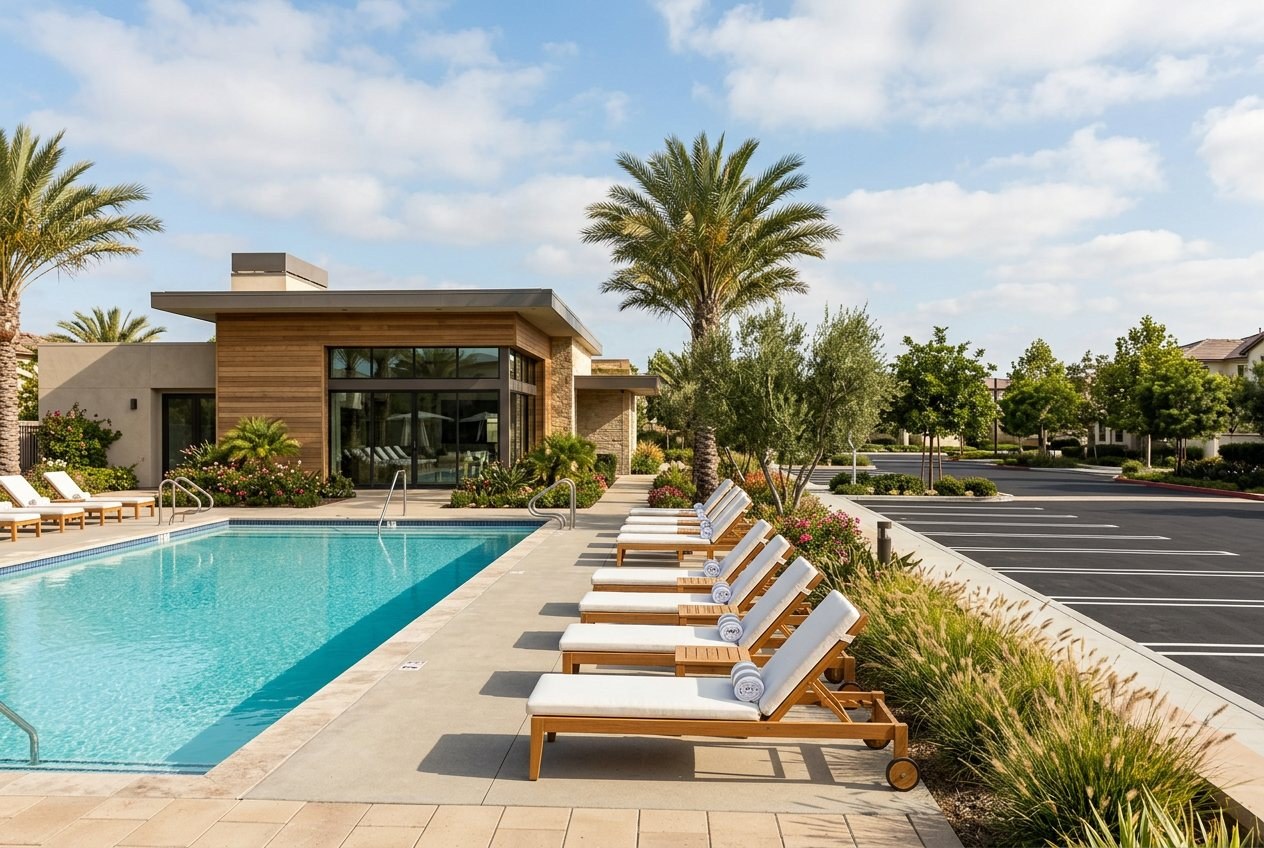 A community clubhouse, pool, and parking area shared by homeowners in a planned neighborhood