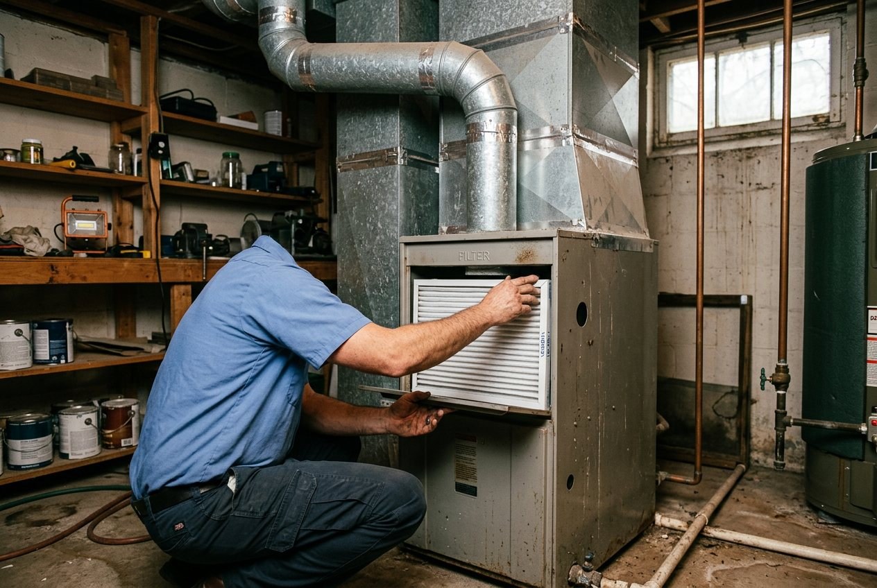 Hands sliding a clean air filter into a basement gas furnace connected to ductwork