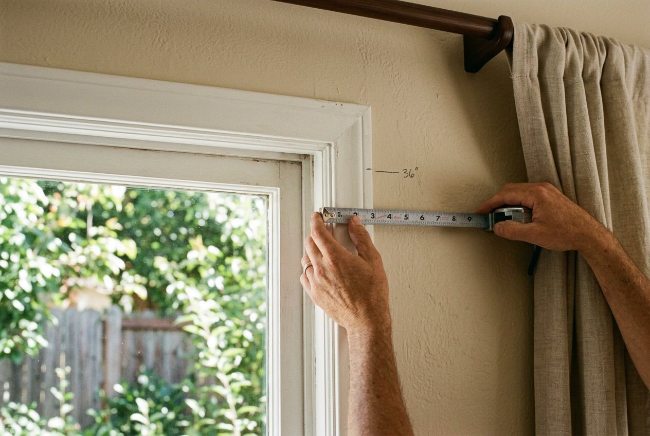 Hands measuring up from the top of a window frame with a tape measure to mark the bracket height