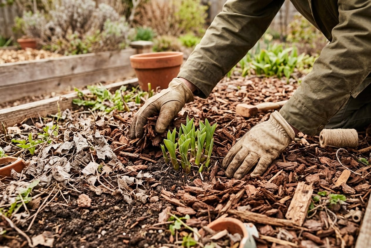 Hands uncovering new spring shoots growing from the crown of a perennial plant