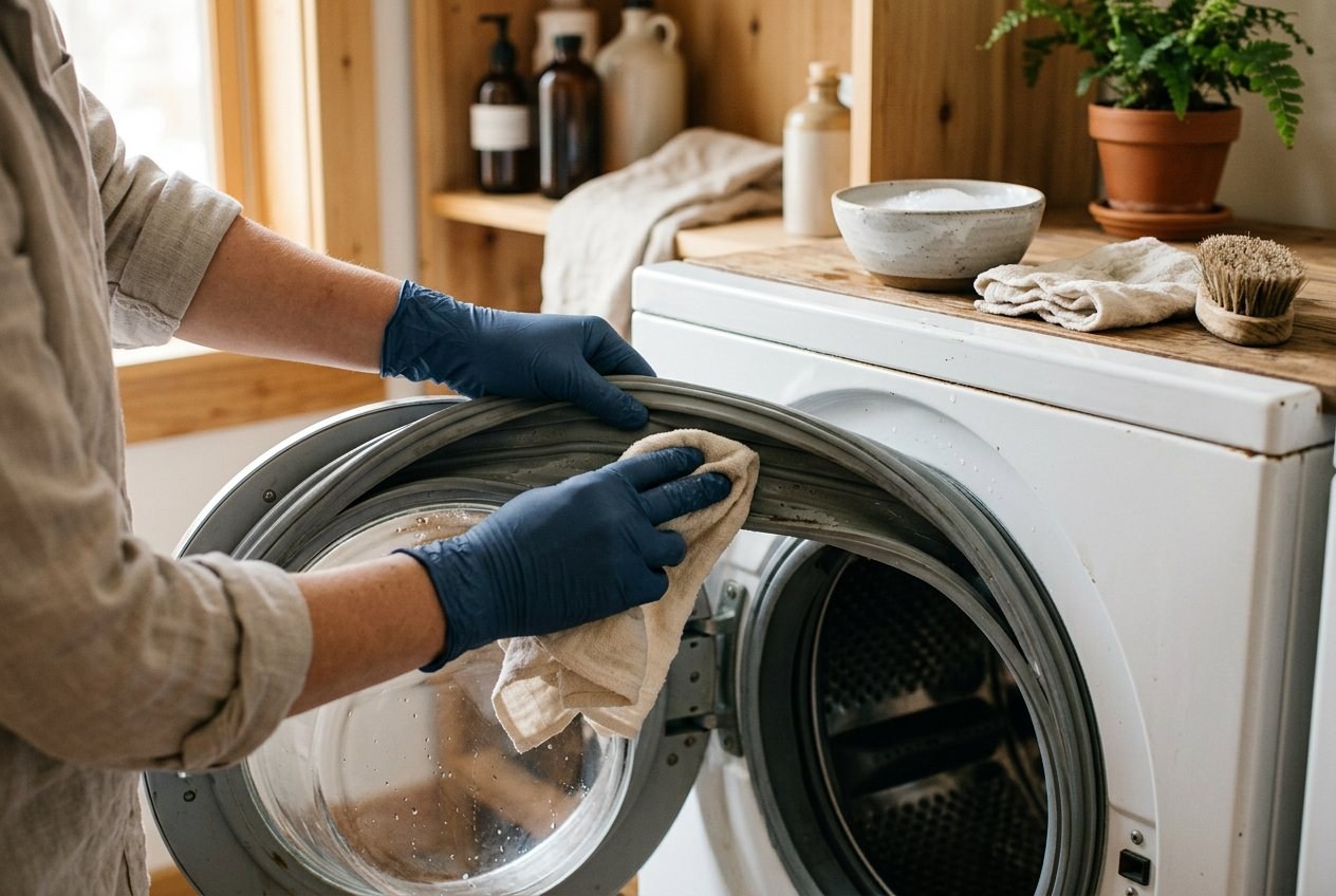 Gloved hands folding back the rubber door gasket of a front-load washer and wiping inside it with a cloth