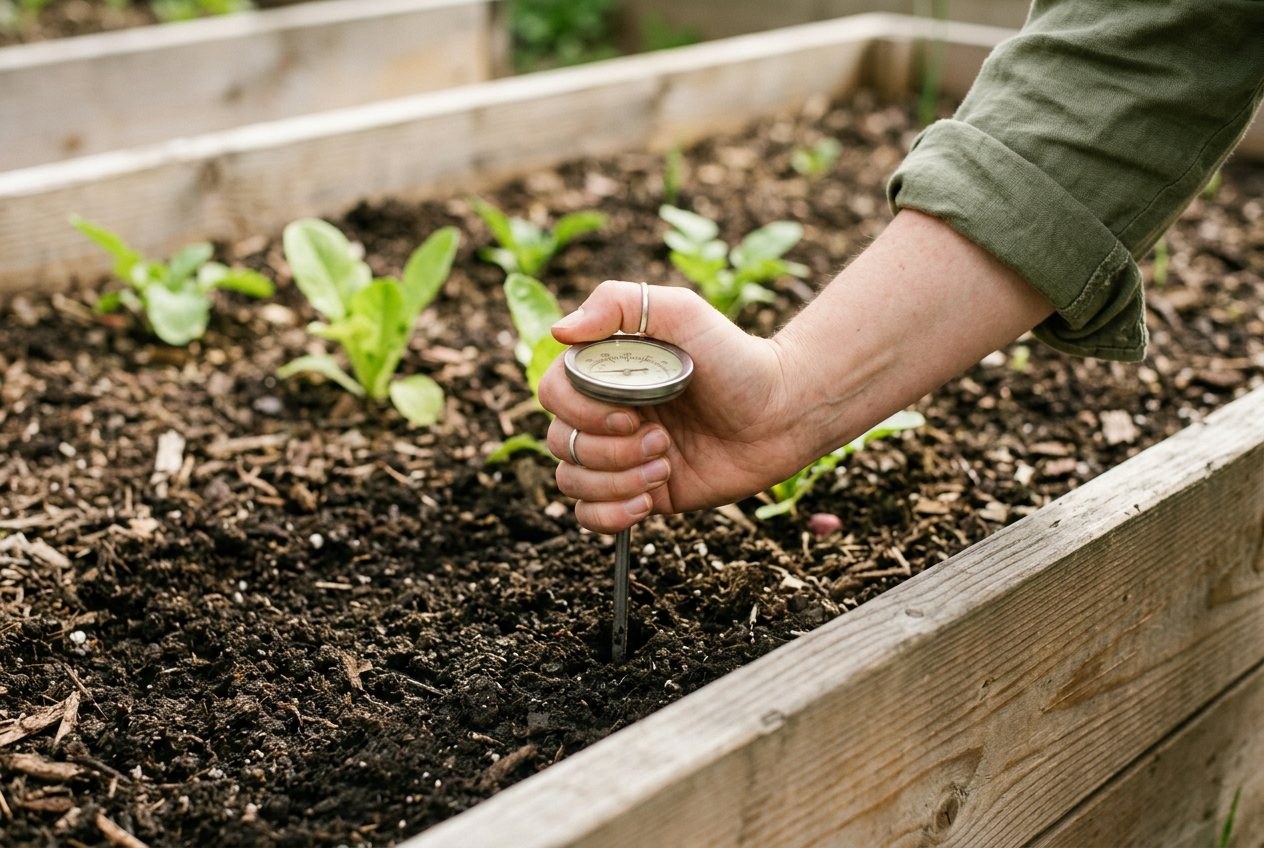 A hand pushing a soil thermometer into a raised garden bed in spring