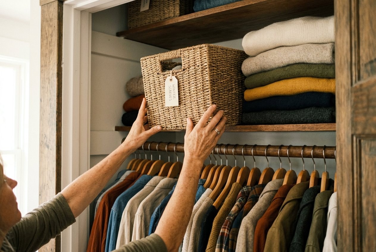 Hands placing a woven bin on a closet top shelf next to low stacks of folded sweaters