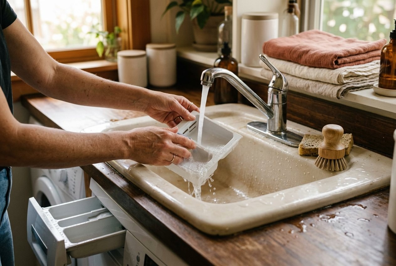 Hands rinsing a removed detergent dispenser drawer under a faucet in a laundry sink
