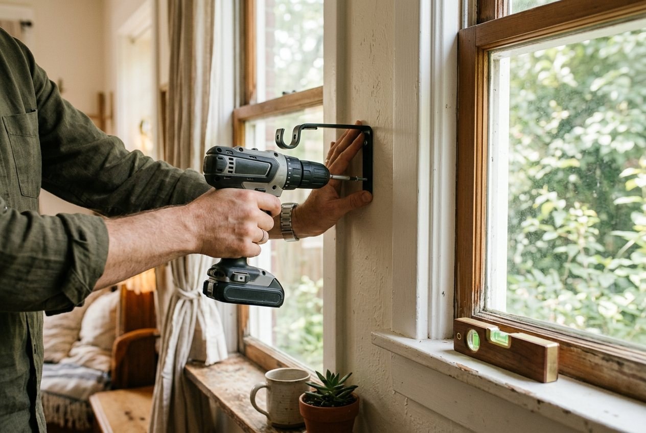 Hands fastening a curtain rod bracket to the wall with a drill beside a window