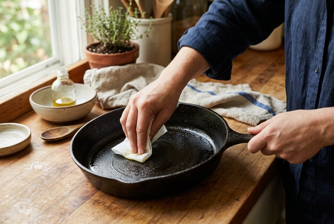 Hands rubbing a thin layer of oil into a clean cast iron skillet with a paper towel