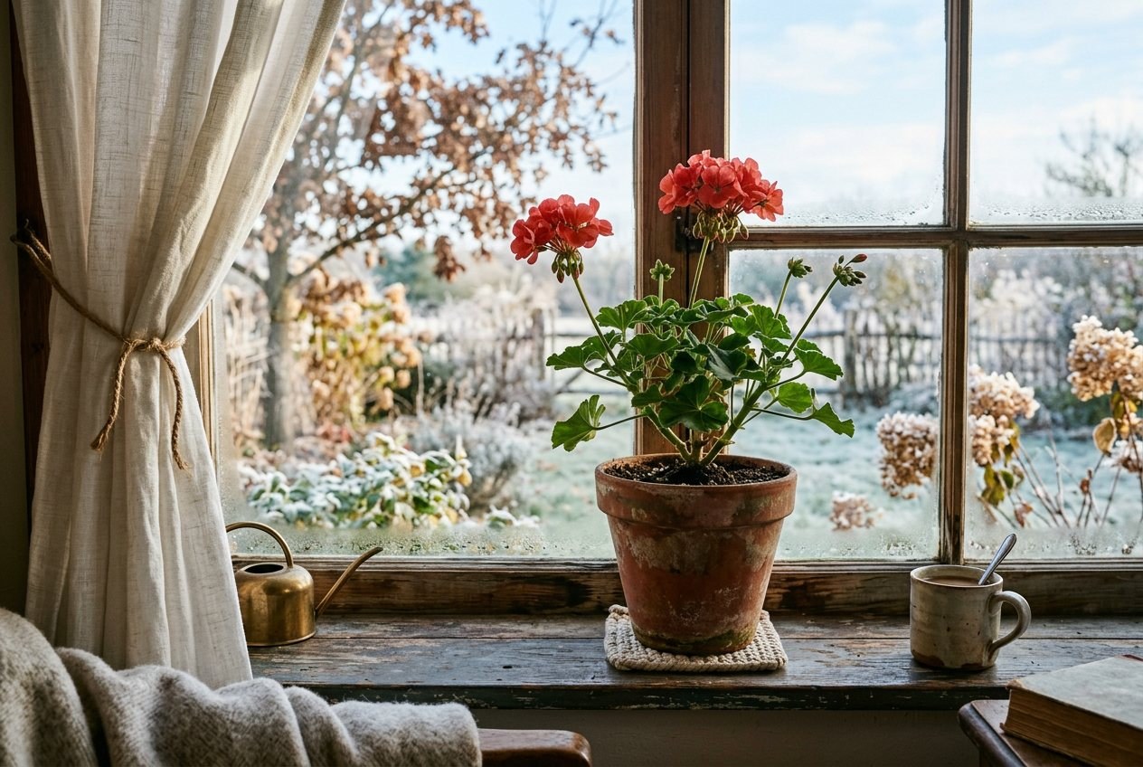 A potted tender perennial overwintering on a sunny indoor windowsill