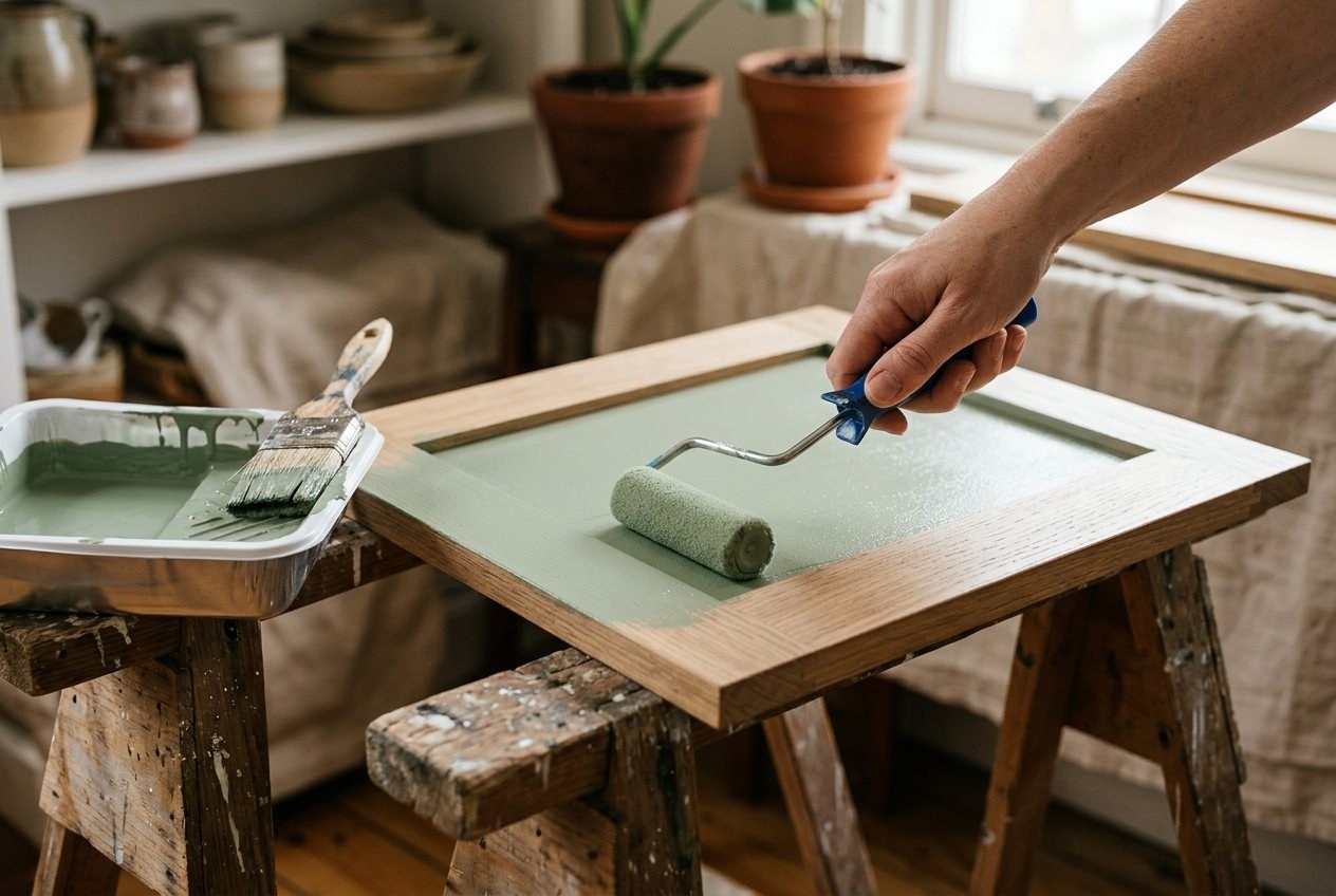 A hand rolling a thin coat of green paint onto a flat cabinet door resting on sawhorses