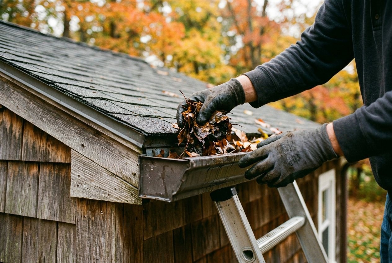 Gloved hands clearing leaves from a rain gutter on the edge of a house roof