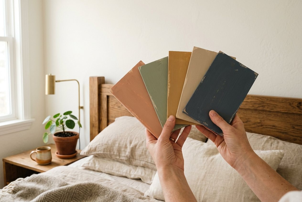 Hands holding painted sample boards against a bedroom wall behind a wooden headboard