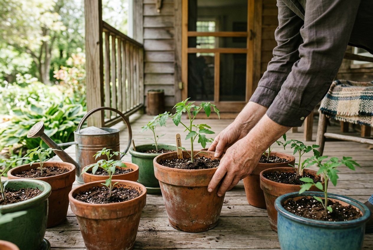 Tomato seedlings in pots hardening off on a shaded covered porch