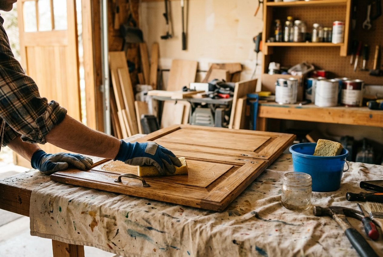 Gloved hands wiping a removed cabinet door with a damp sponge on a covered workbench