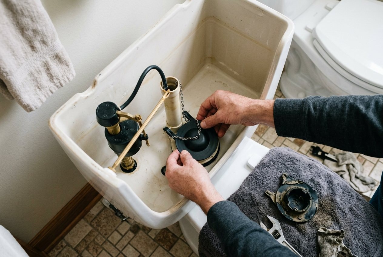 Hands fitting a new rubber flapper over the drain opening inside an empty toilet tank
