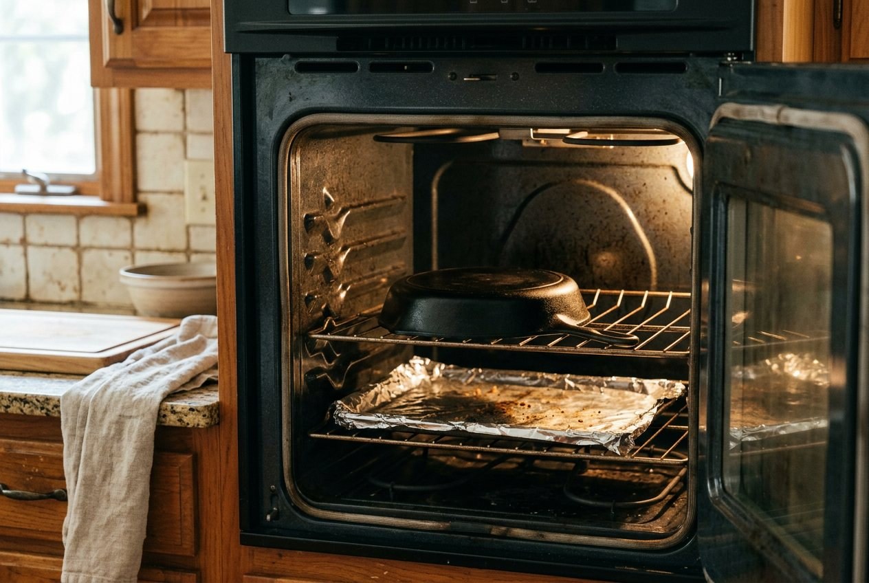 A cast iron skillet upside down on the center oven rack with aluminum foil on the rack below
