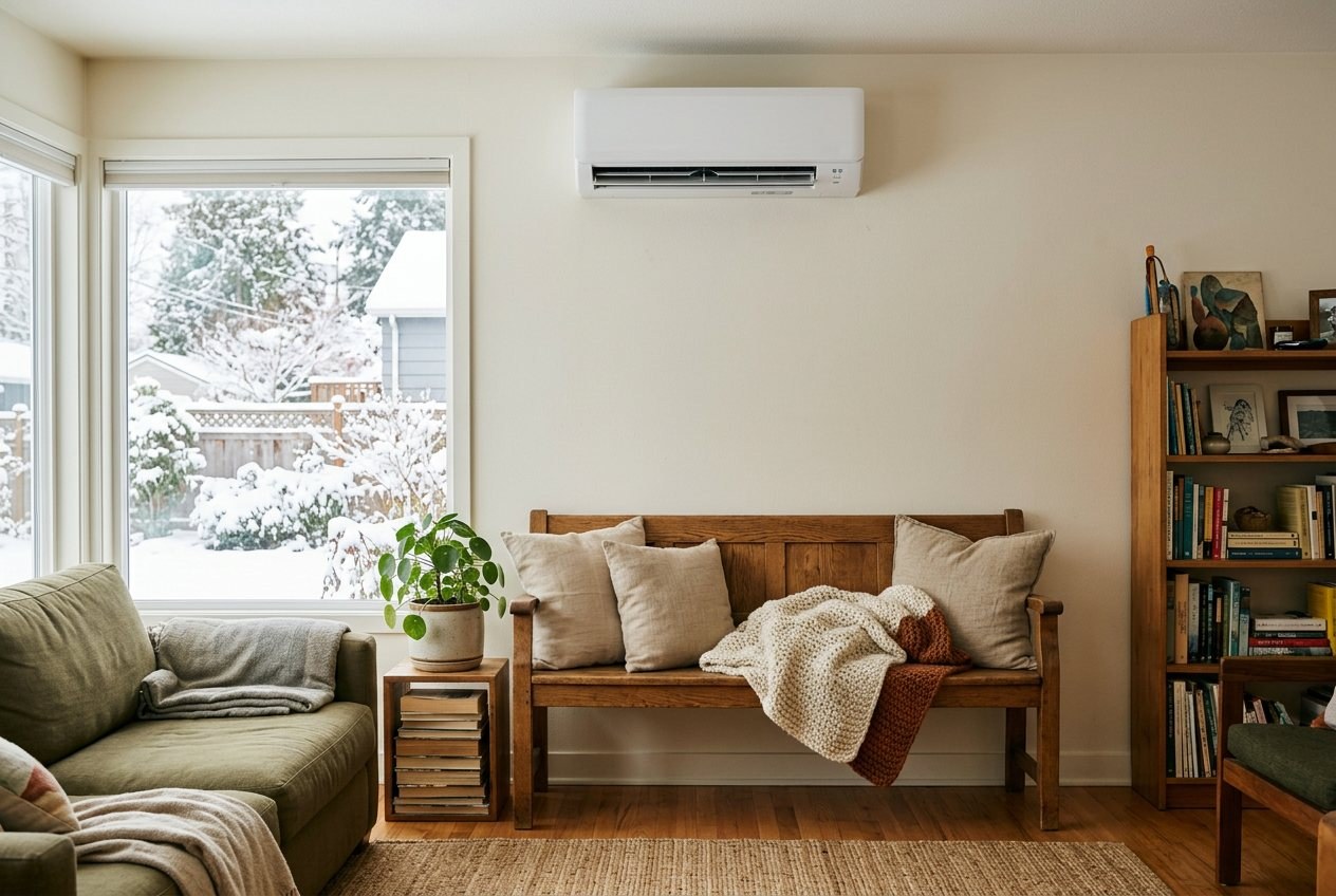 A ductless mini-split heat pump unit mounted on a living room wall in winter