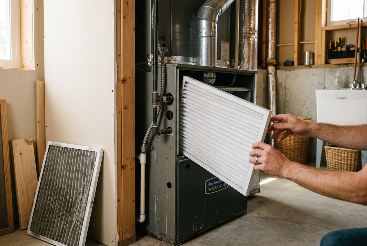 Hands sliding a clean air filter into a furnace in a basement utility area