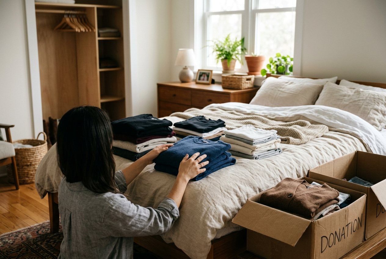 Hands sorting folded sweaters and shirts into piles on a bed next to cardboard boxes